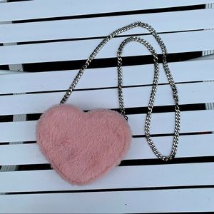 Pink Fluffy Heart purse with Metal Shoulder Chain